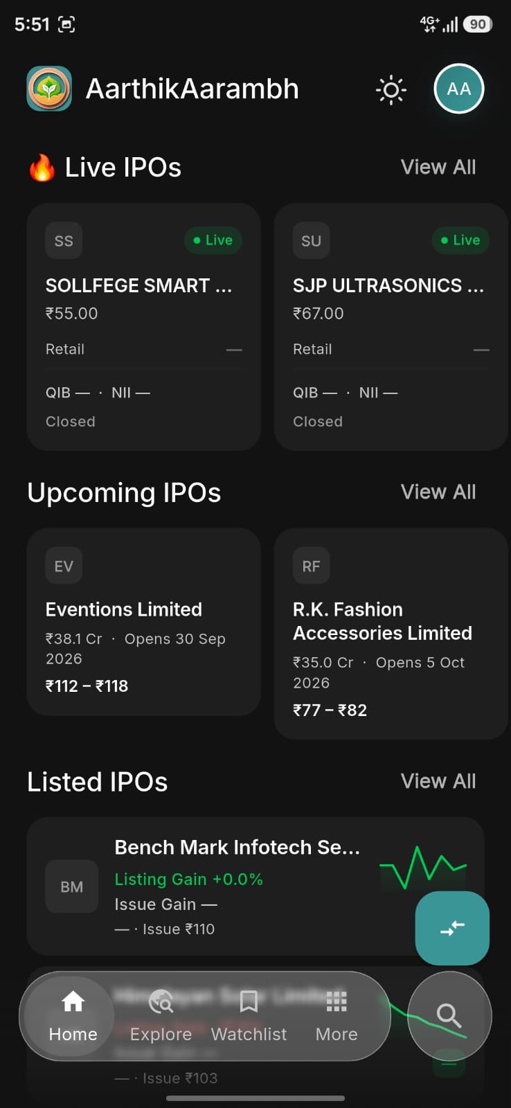 AarthikAarambh home screen with live and upcoming IPOs